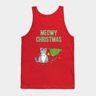 Meowy Christmas Gray Tabby Cat Knocked Over Xmas Tree Tank Top